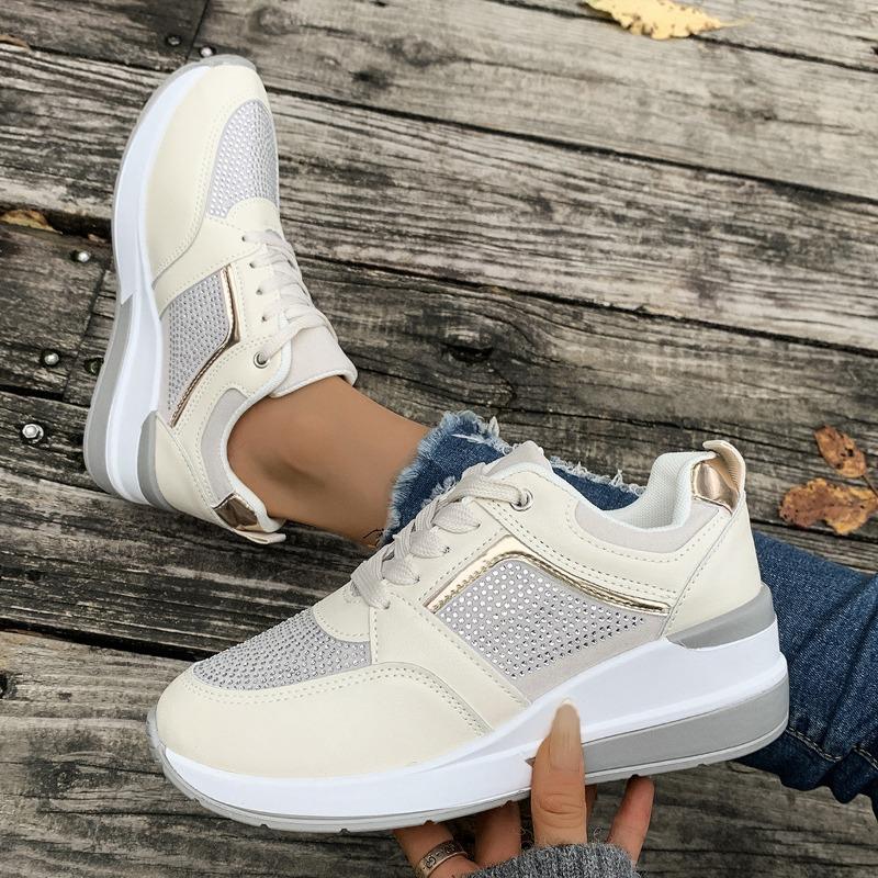 Large size sports women's leisure spring and summer new thick-soled slope heel casual shoes lace-up rhinestone sports trendy shoes