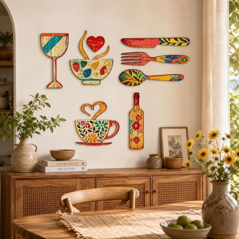 7/8 Pcs Rustic Distressed Floral Coffee Element Wall Plaques Coffee Wall Sticker Hangings Kitchen