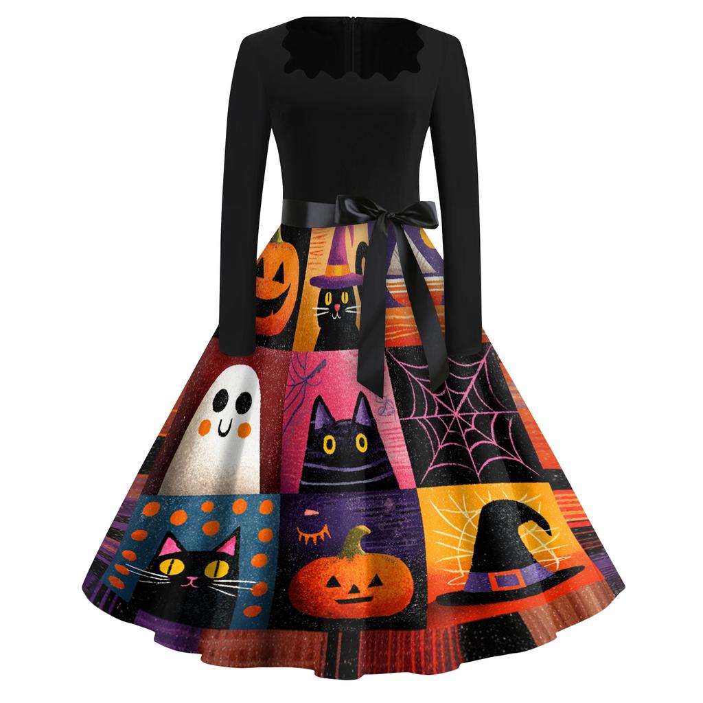 Women's Vintage Square Neck Dress with Halloween Print for Casual Occasions
