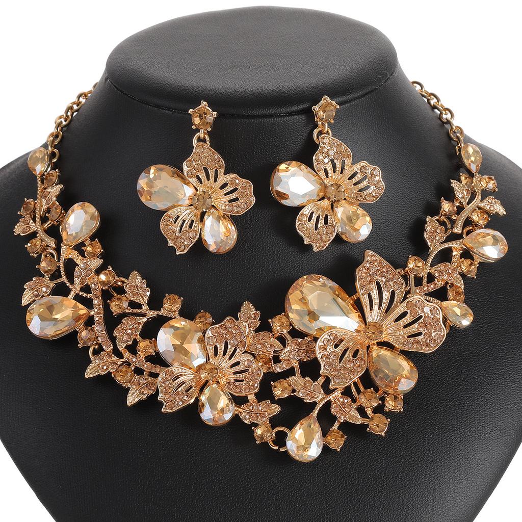 2026 European and American Exaggerated Necklace Earrings Set Women's Fashion Alloy Chain Flower Bridal Accessories