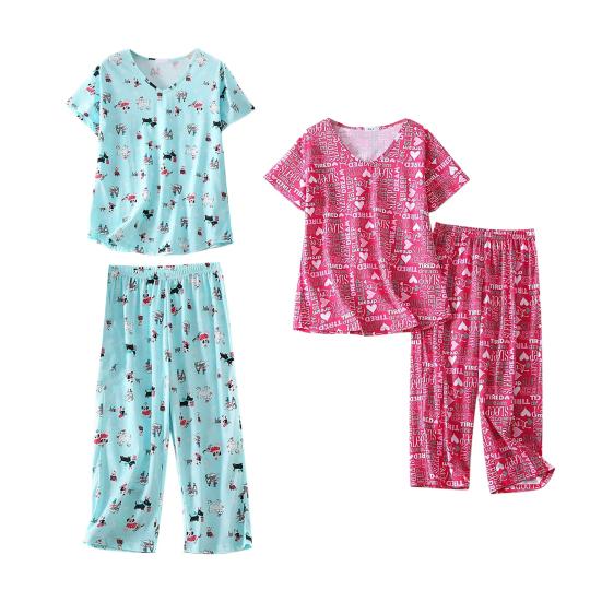 Women Cotton Pajama Set Short Sleeve Top with Capris Pants Sleepwear Set Summer Casual