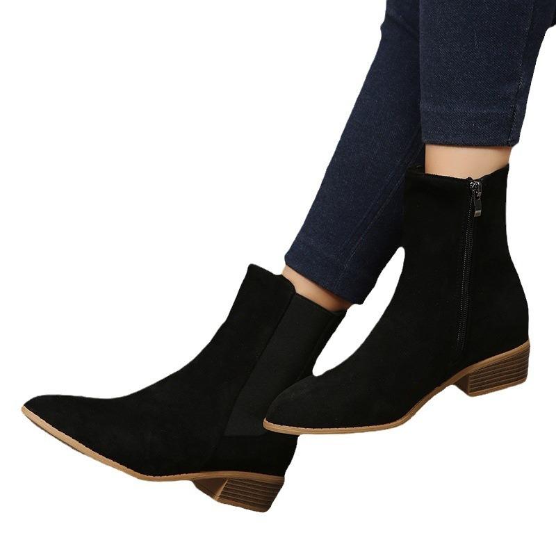 Autumn and winter new large size Martin boots women's British pointed thick heel side zipper women's short boots