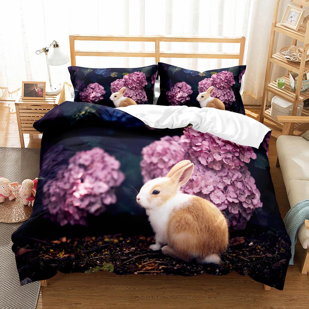 Cute Rabbit Duvet Cover Set Animals Polyester Comforter Cover King Queen Size for Kids Boys Girls Bedding Set with Pillowcase