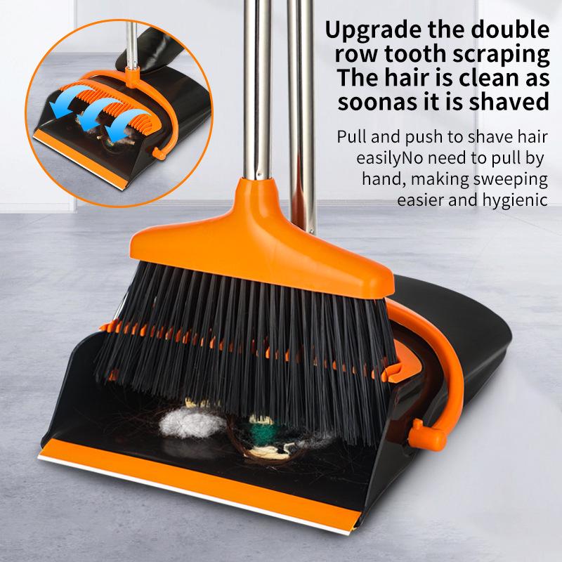 Family Upright Broom & Dustpan Set with Extra Long Handle for Indoor/Outdoor Use