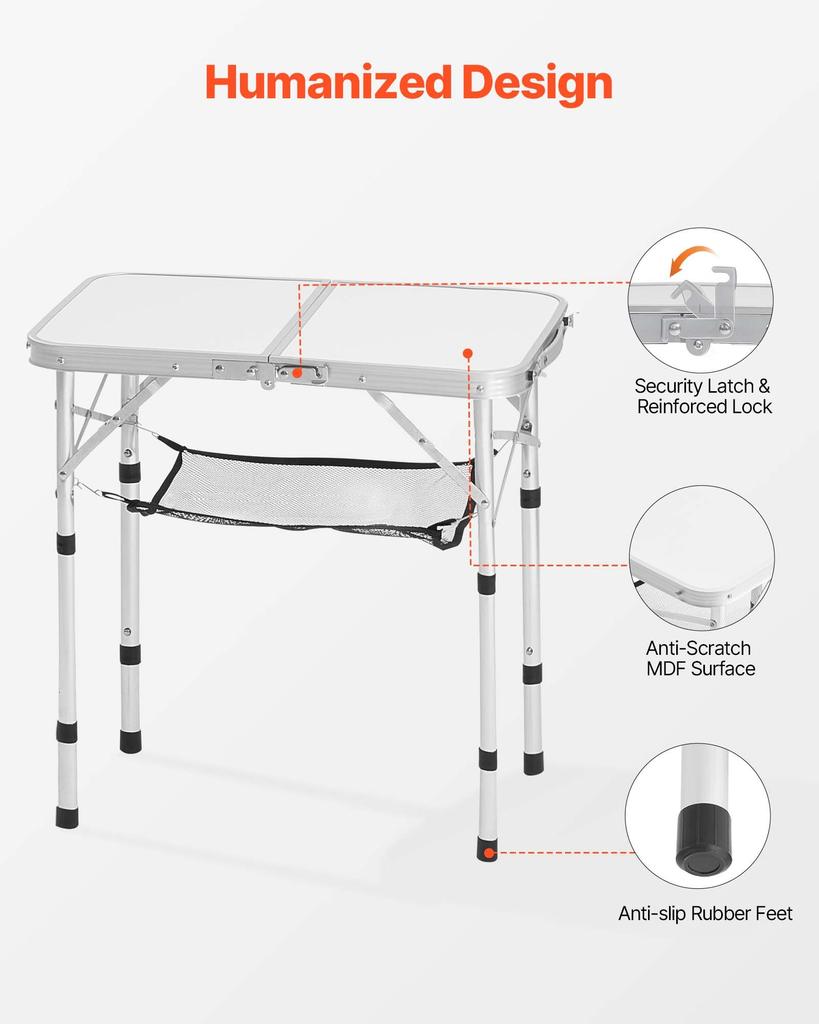 VEVOR Folding Camping Table, Adjustable Height Portable Side Tables, Aluminum MDF Beach Table with Mesh Layer, Carrying Handle