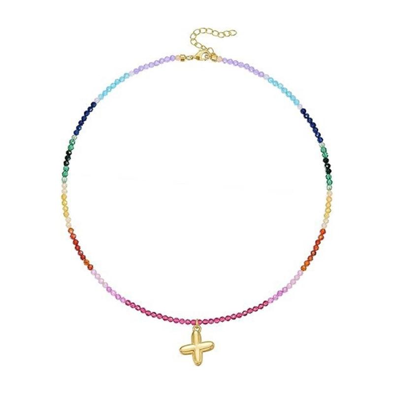 Elegant Layer Crystals Bead Initial Necklace 14K Gold Plated Chain With Colorful Stones Vocation Party Accessory