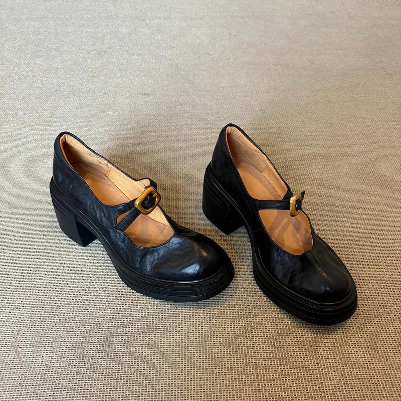 British Versatile Platform Round Head Small Leather Shoes Women's Retro Light Mouth One-word Buckle Thick Heel Mary Jane Shoes