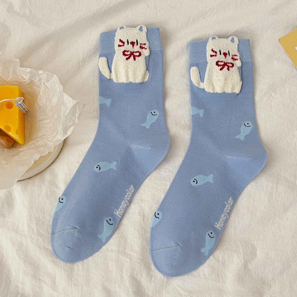 Boneless Socks Medium Tube Socks Flocked Cotton Socks Monsoon Cute Cartoon Bear Sweat-Absorbing Stockings
