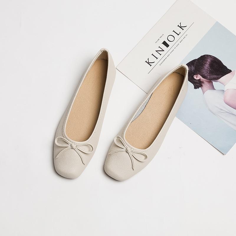 Flat single shoes women's shallow mouth square head bow simple and versatile casual and comfortable Doudou shoes women