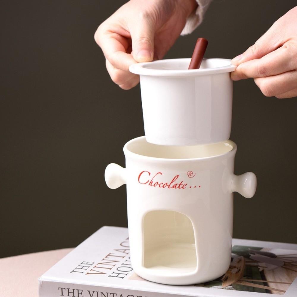 Portable Single Serve Fondue Mug Set Non-Stick Ceramic Butter Melter Cup with Fork Small Warmer Drinking Mug for Cold Weather