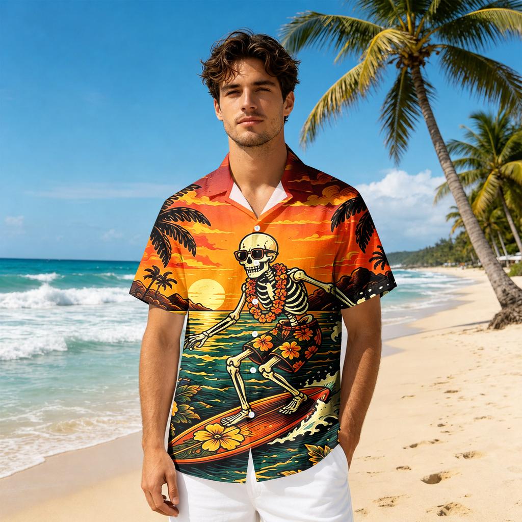 Men's Short Sleeve Casual Button Down Shirt Halloween Print Relaxed Fit Collared Shirt Lightweight Breathable Fabric