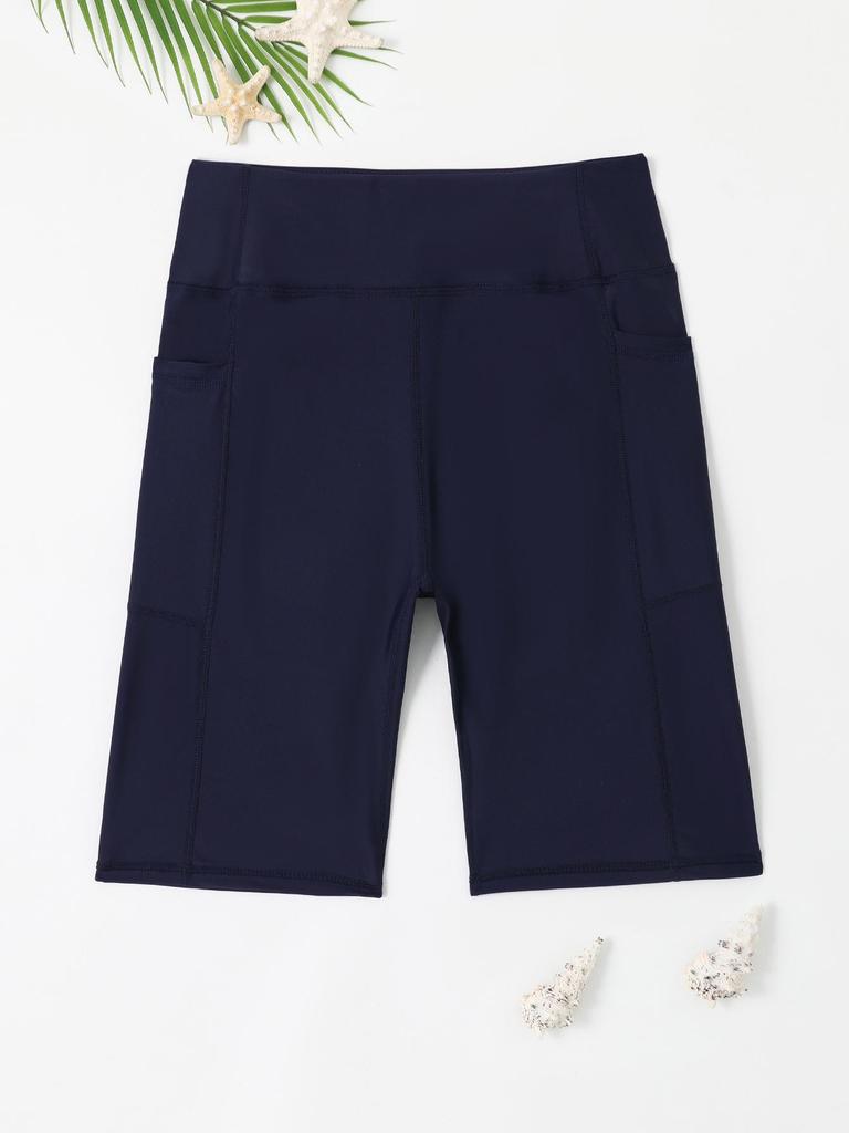 Women's High-Waisted Swim Shorts with Pockets - Flat-Leg, Five-Point Trunks