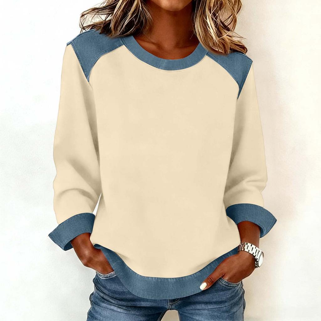 Women Denim Collar Patchwork Stitching Sweatshirt Casual  Pullover Long Sleeve Shirts