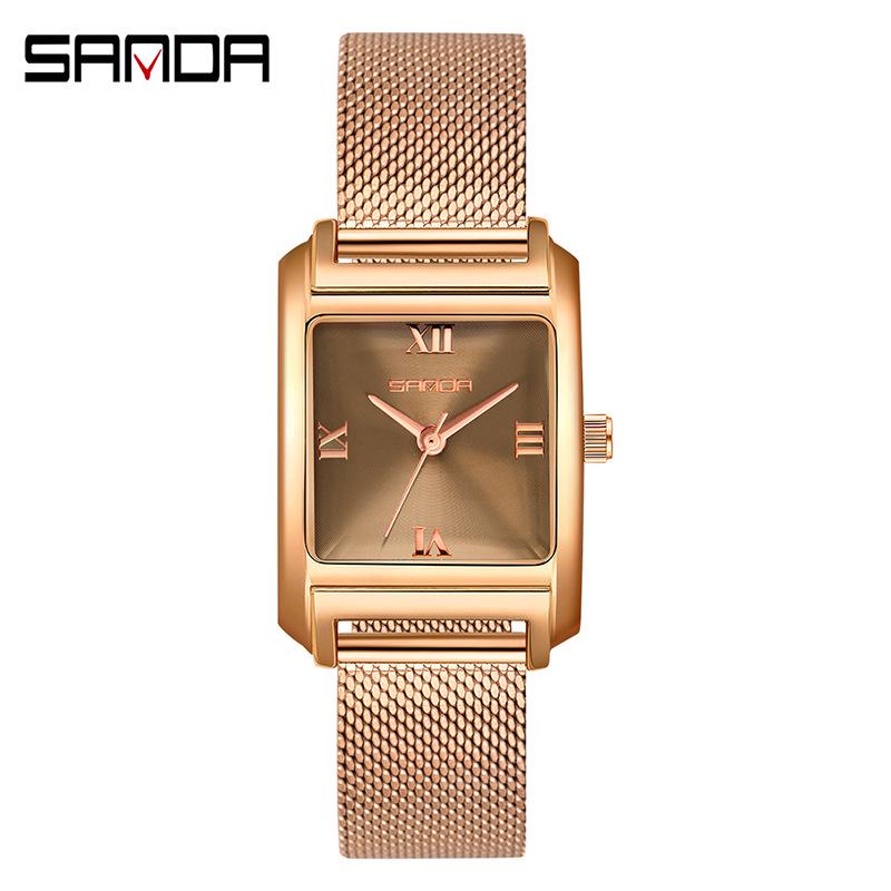 Sanda Women's Retro Leather & Mesh Strap Casual Wristwatch