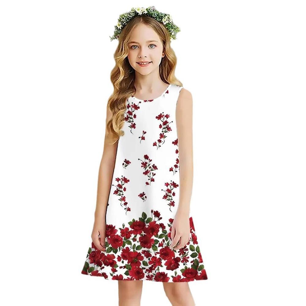 Frühling und Sommer neues ärmelloses Rundhals-Westenkleid für Mädchen, niedliches Prinzessinnenkleid, 3D-Digitaldruckmuster