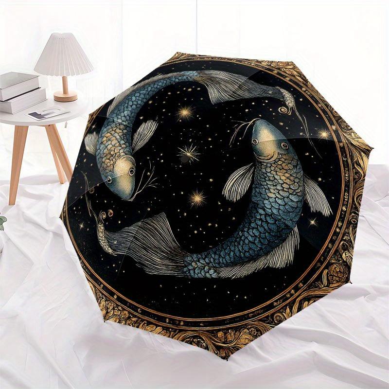 Golden Pisces Zodiac Sign Plate: Celestial Artwork Umbrella, Cute Umbrella with Cute Design, Portable 3-Fold Compact Umbrella for Men & Women, Valenti