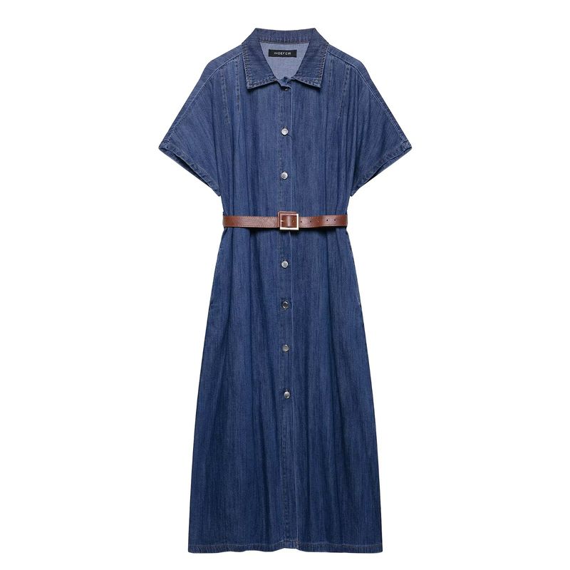 

Kaslead New Arrival Women s Clothing Fashion Style Fashion with Belt Midi Skirt Denim Dress 0108025 Blue L