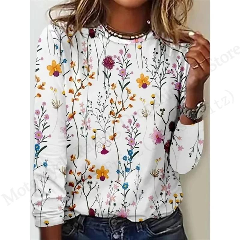 2025 New Floral 3d Print T-Shirt Casual Crew Neck Long Sleeve T-shirt Women's Clothing Fashion Casual Oversized Tops Tees Female