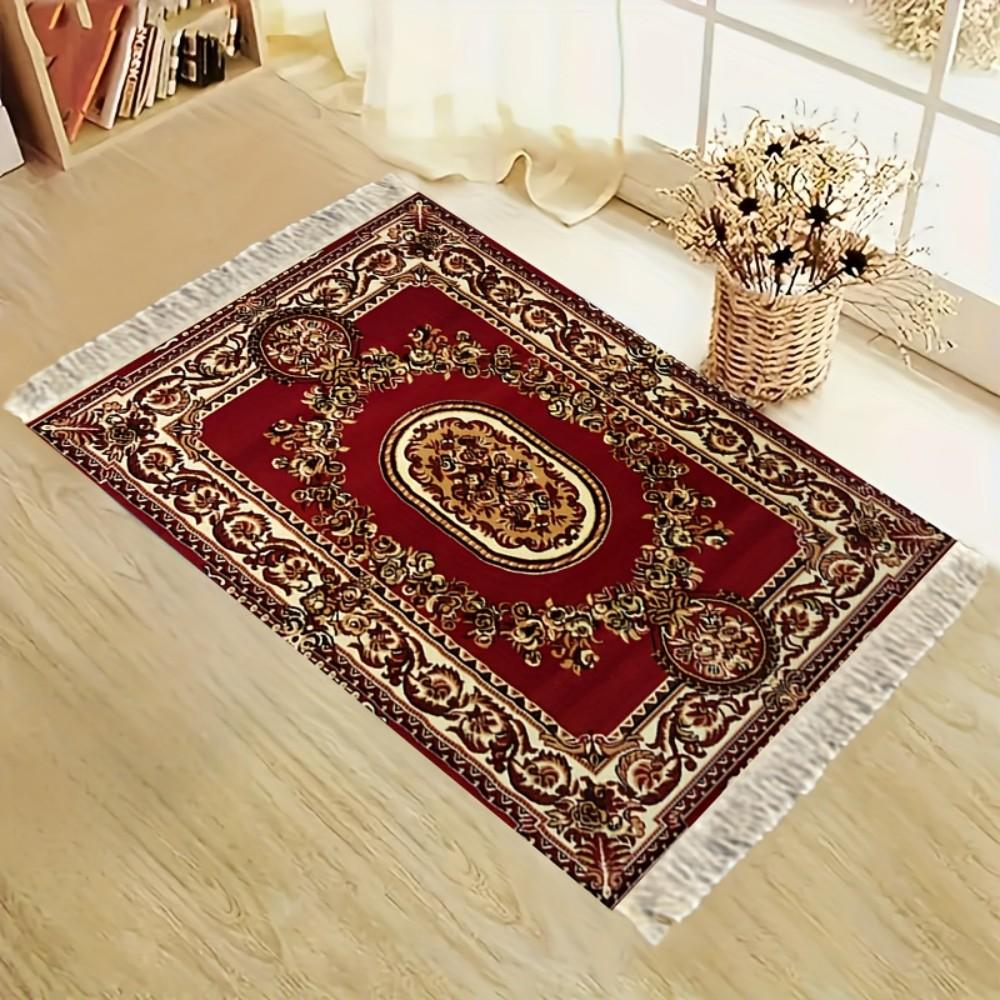 Tapis de prière musulman de luxe, Tapis à motif floral rouge, Tapis de voyage pliable avec pompons pour l'extérieur et l'Aïd du Ramadan, Mubarak