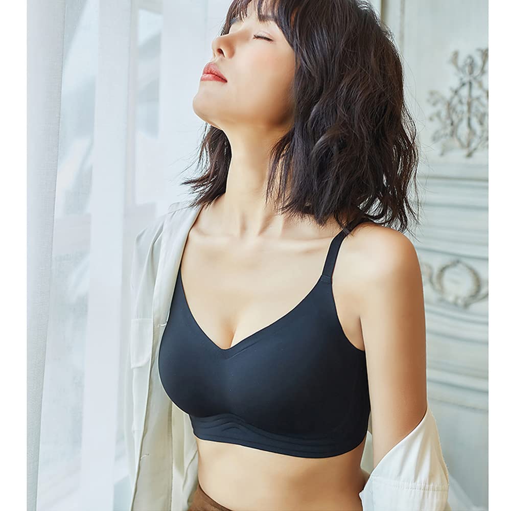 PRESSLIM Fluffy Lift Strap Seamless Bra Wireless Underwear (Black/Size L) Seamless, Half-Top Bra, Women's