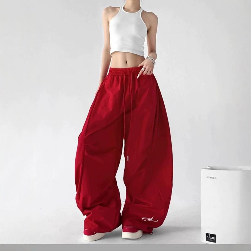 Womens Red Parachute Cargo Pants 2026 Loose Fit Drawstring Elastic Waist Casual Trousers