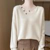 Women's V-Neck Cable Knit 100% Wool Sweater - Autumn/Winter, Solid Color, Loose Fit, Long Sleeve, Cozy Cashmere Layer