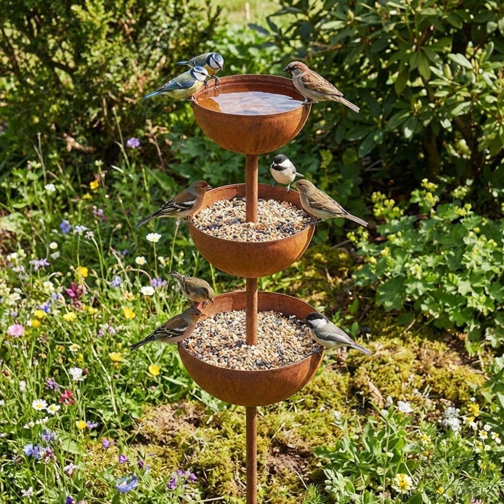 3-Tier Bowl Bird Water Dispenser Vintage Iron Garden Rain Catcher Courtyard Decor