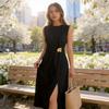 Elegant Black Sleeveless Knit Dress With High Waist For Office And Casual Wear