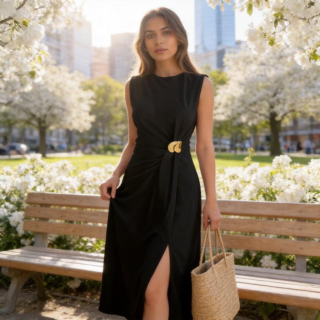 Elegant Black Sleeveless Knit Dress With High Waist For Office And Casual Wear