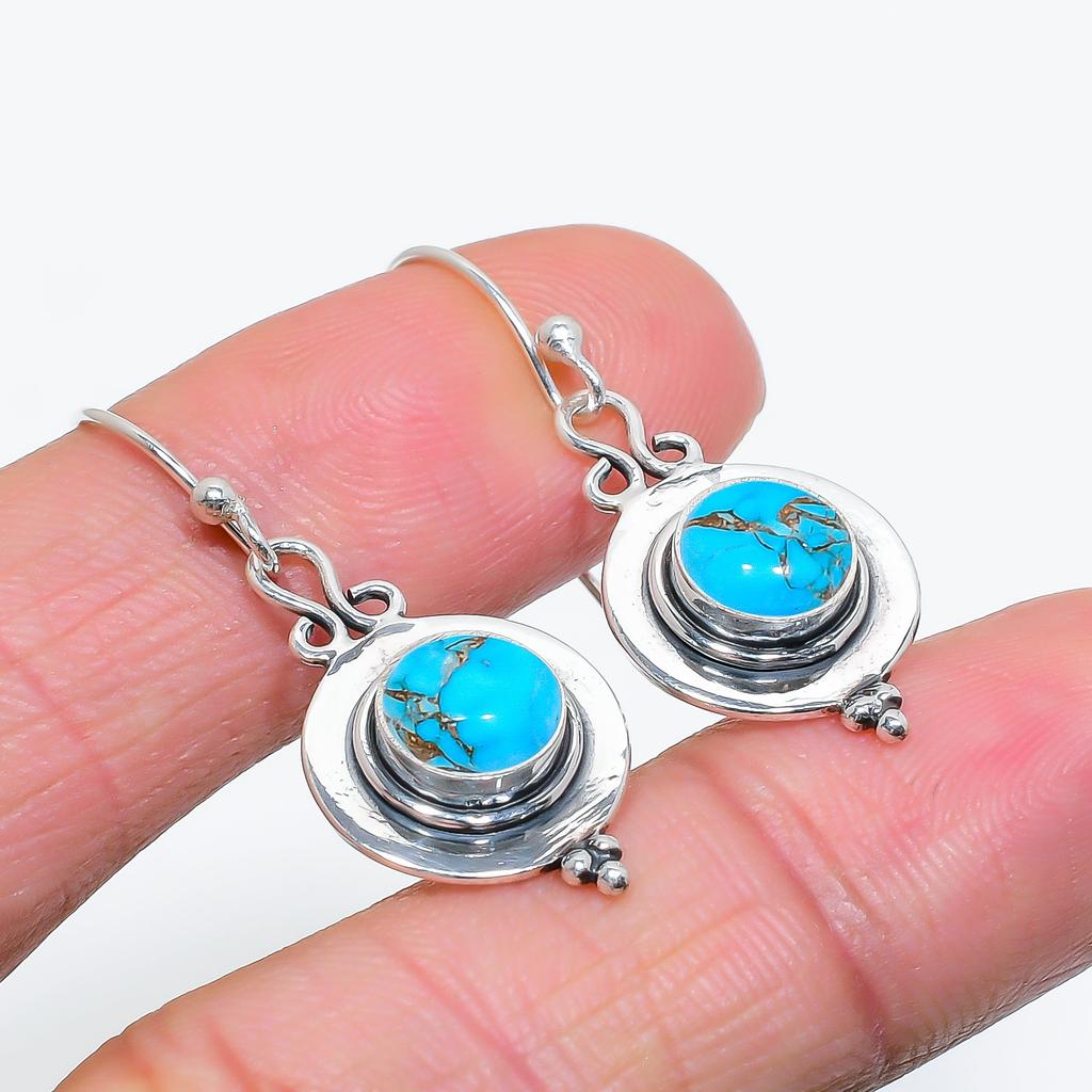 Copper Blue Turquoise 925 Sterling Silver Earring V3720, Blue Earring, Round Earring, Valentin's Day Gift, Gift For Her, Birthday Gift, Handmade Jewel