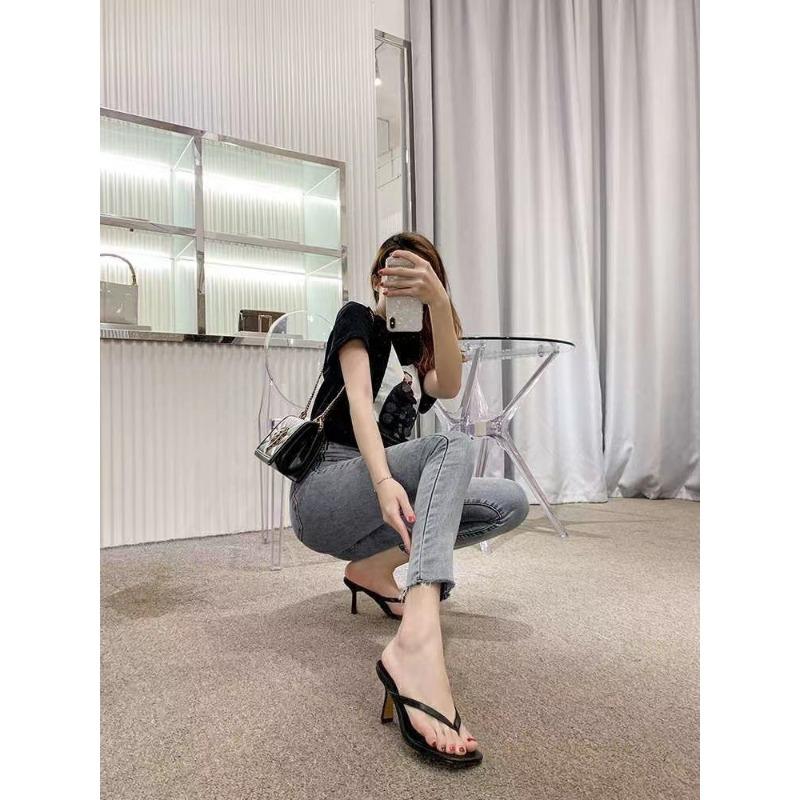 Black Toe Sandals Women's Flip-flops High Heel Stiletto Foot Wear Fashion Versatile Slippers Square Head Sandals Summer
