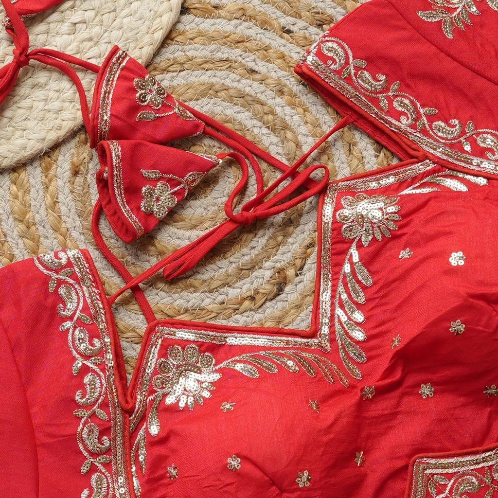 Beautiful Embroidery Red Silk Choli Indian Women's Readymade Half Sleeves Blouse