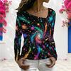 Women Plus Size Long Sleeve V Neck Colorful Abstract Printed Casual T Shirt