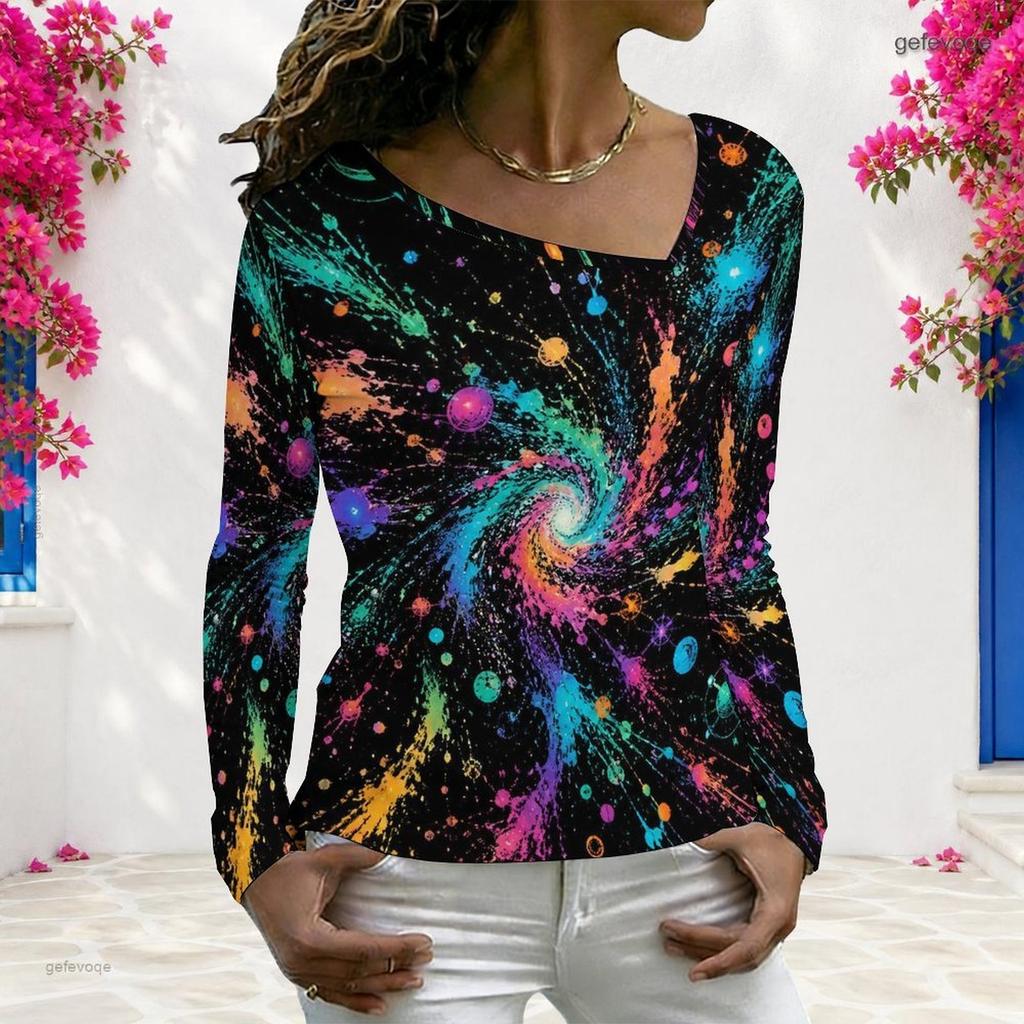 Women Plus Size Long Sleeve V Neck Colorful Abstract Printed Casual T Shirt