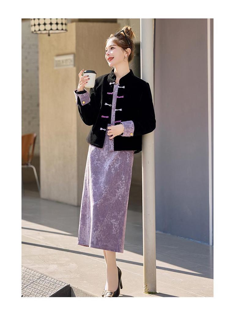 2025 Women's Slim Chinese-Style Jacket Skirt Two-Piece Suit for Spring & Autumn