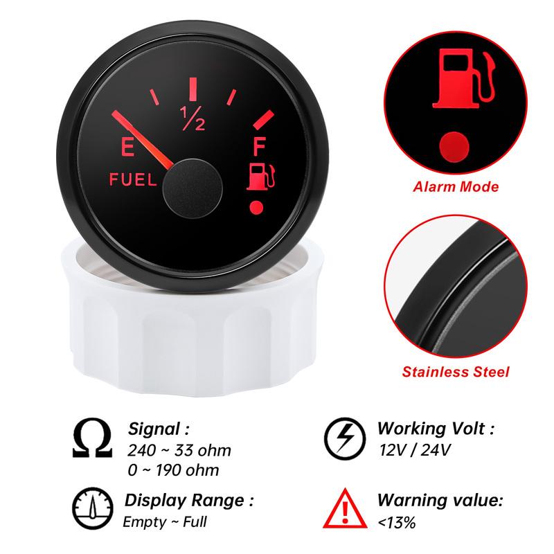 52mm Fuel Level Gauge 2inch Waterproof Pointer Fuel Meter 0-190ohm 240-33ohm Oil Tank Meter with Alarm Red Light for Car Yacht