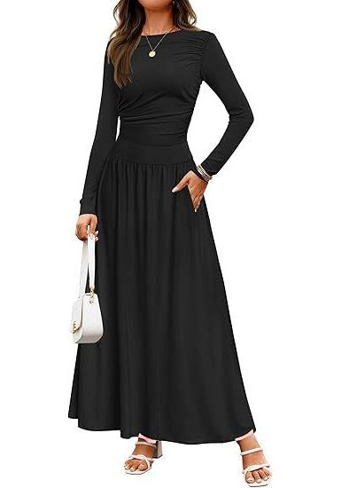 JPNTKY Fashion Autumn Winter Solid Color Print Long Sleeve O-Neck Casual Dresses Unique Design