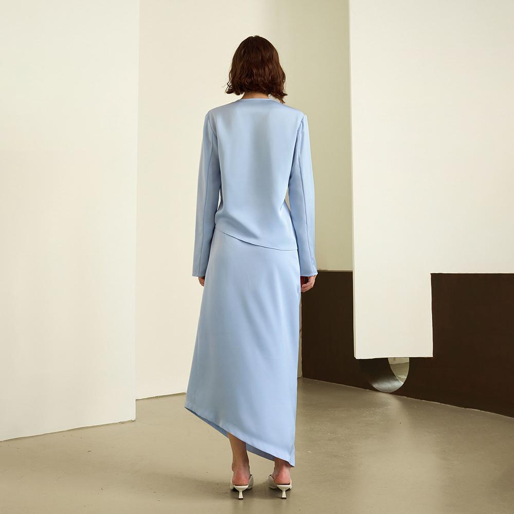 Waiwaiaiem Yy_Blue Elegant Pleated V-Neck Shirt