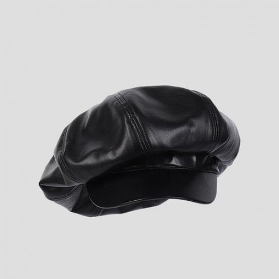 Lady Baggy Faux Leather Newsboy Hat Cabbie Cap Beret Flat Large Oversized Casual чёрный