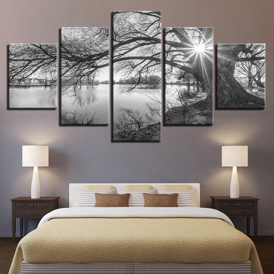 Canvas Pictures for Living Room Wall Art Poster  Lake, Big Trees, Painting Black and White Landscape, Home Decor, 5 PCs