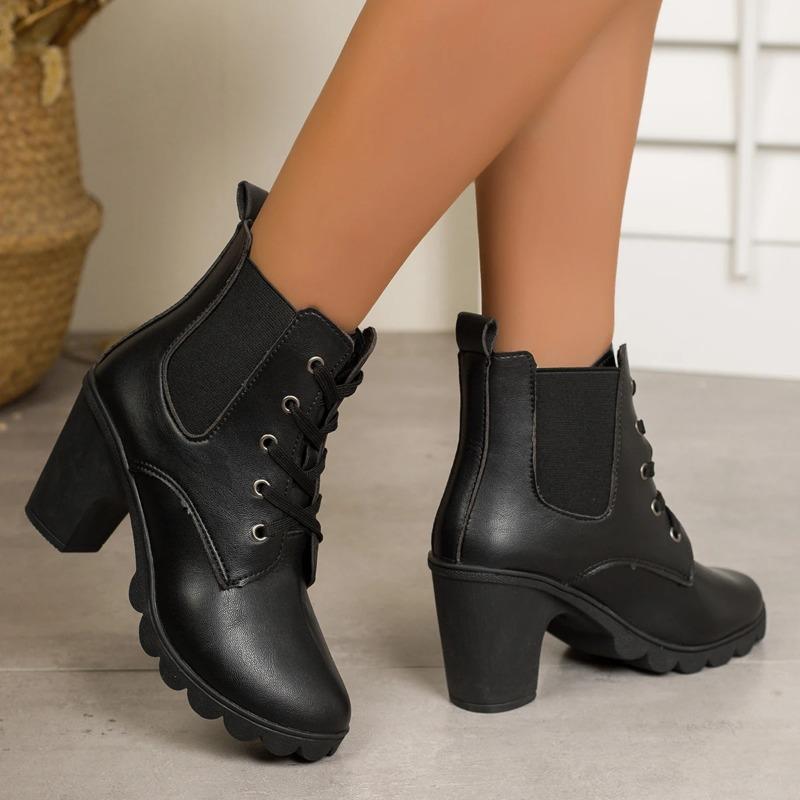 Sexy Lace Up High Heel Ankle Boots Women Autumn Fashion Black Round Toe Chelsea Boots Chunky Platform Women's Boots