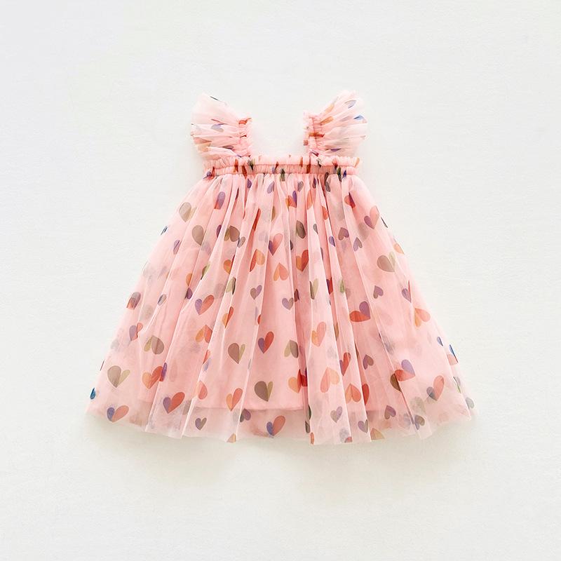 Heart Print Mesh Princess Dress - 2025 Kids' Summer Tutu
