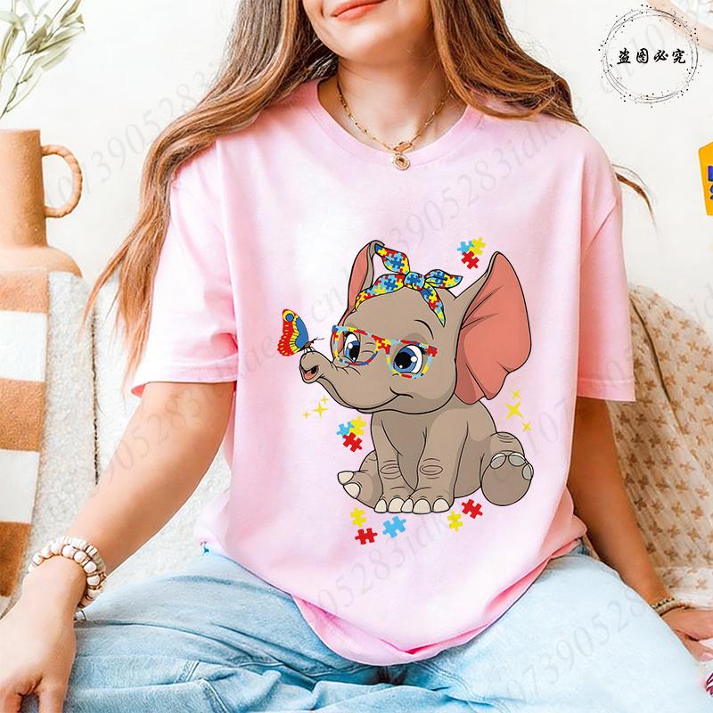 Unisex's Autism Awareness T-shirts: Cute Elephant Puzzle Graphic Tops Walking A Different Path Short Sleeve Autism Support Tees
