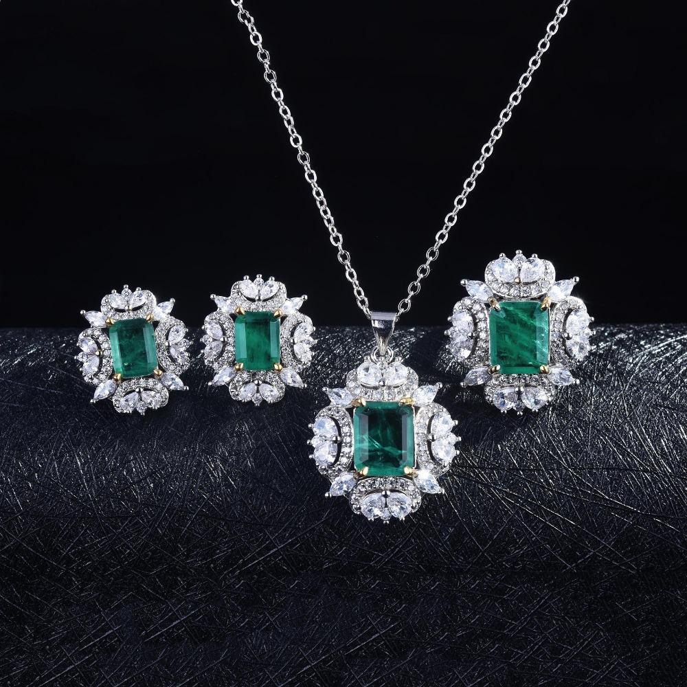 Women Jewelry Set Luxury Emerald Square Pendant Open Ring Earrings Full Rhinestone European Style