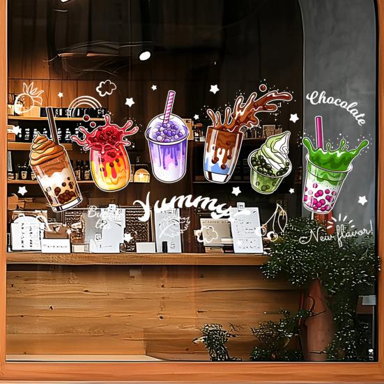 Bubble Milk Tea Window Cling Cafe Milk Tea Static Stickers Removable PVC Boba Tea House Decals for Milk Tea Shops Coffee Shops Bakeries