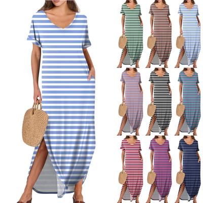 Damen Sommerkleid V-Ausschnitt Kurzarm Strandkleid Maxikleid Lang Kleider Casual Loose Fit Elegant Sommerkleid