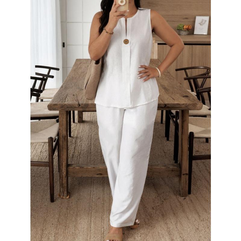 

Womens Casual Sleeveless Top And Wide Leg Pants Two Piece Set S белый