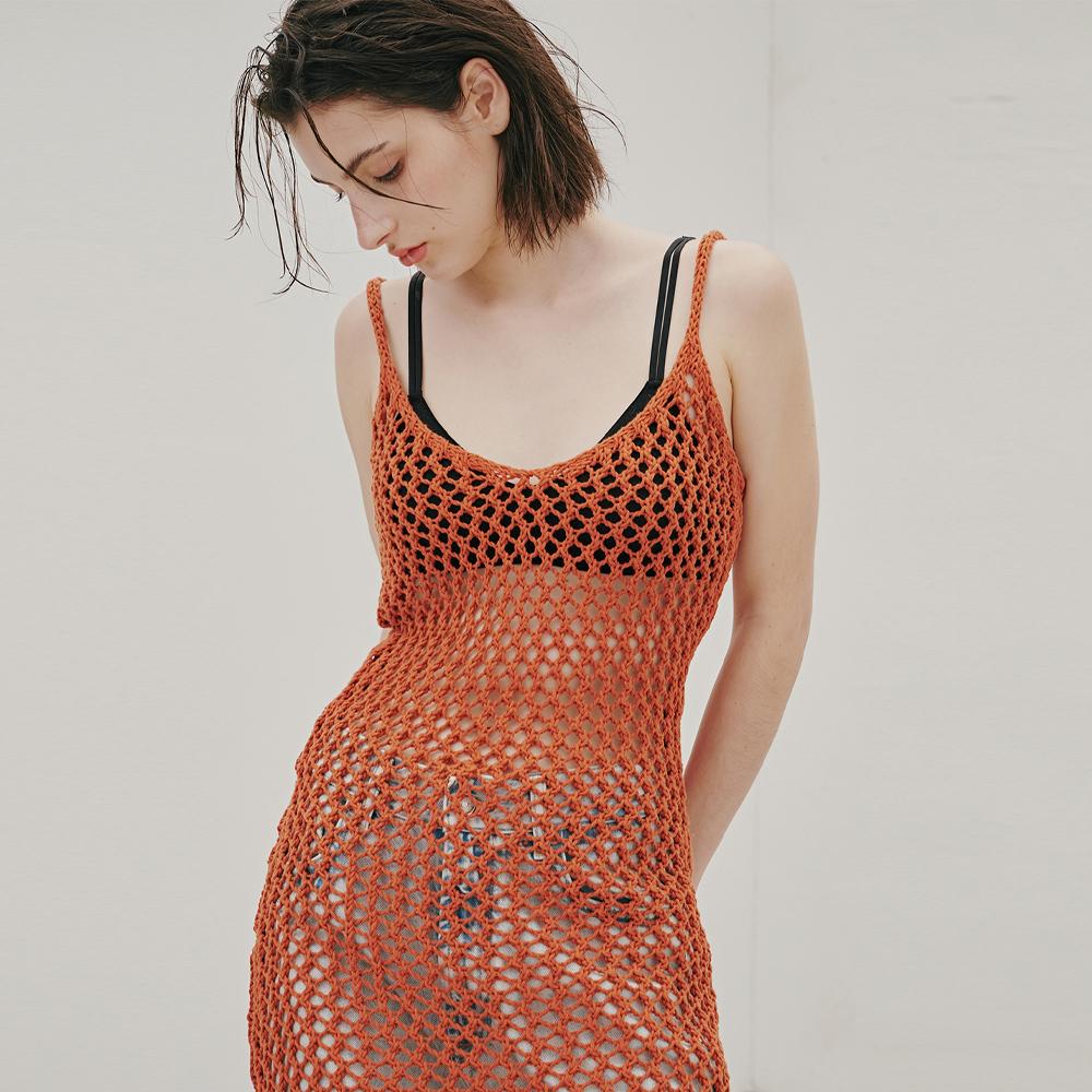 Odier Net Sleeveless Midi Dress-Brick