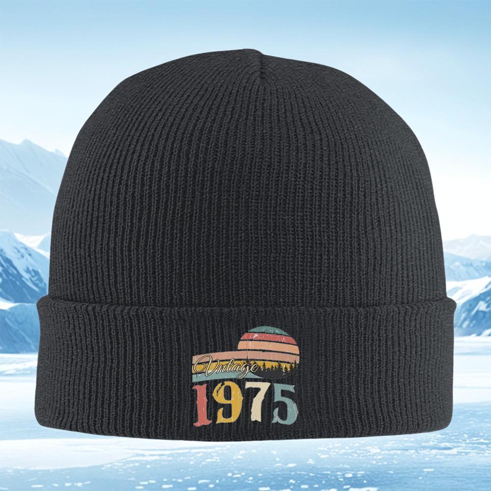 Vintage 1975 retro sun,trees design Men Women Unisex Knitted Hat Beanie Pullover Cap Winter Thermal Warm Christmas Outdoor Cycli