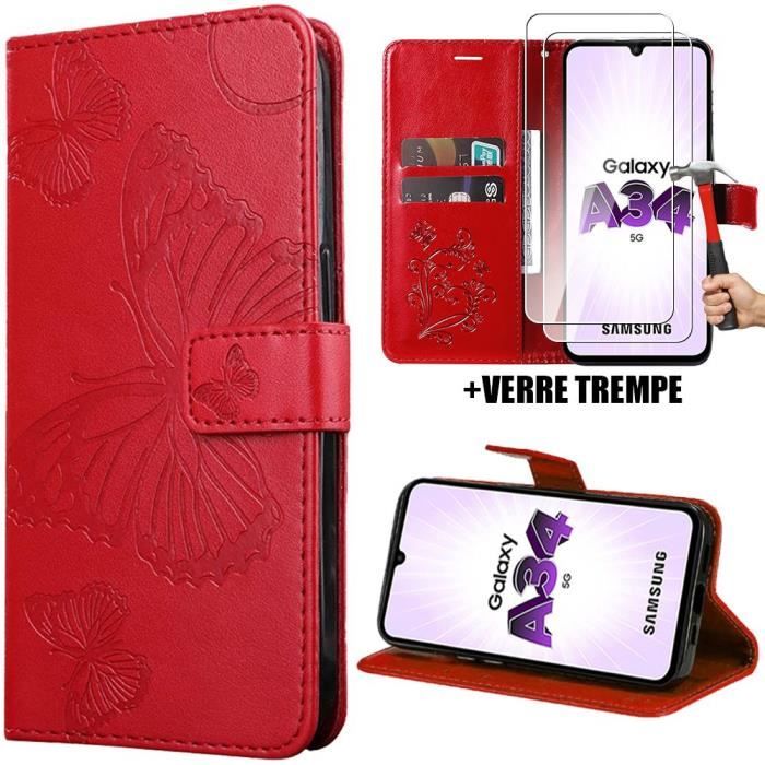 Coque et Verres Trempés - BOOLING - pour Samsung Galaxy A34 5G - Motif Papillon - Effet Cuir Rouge - Support Pliable